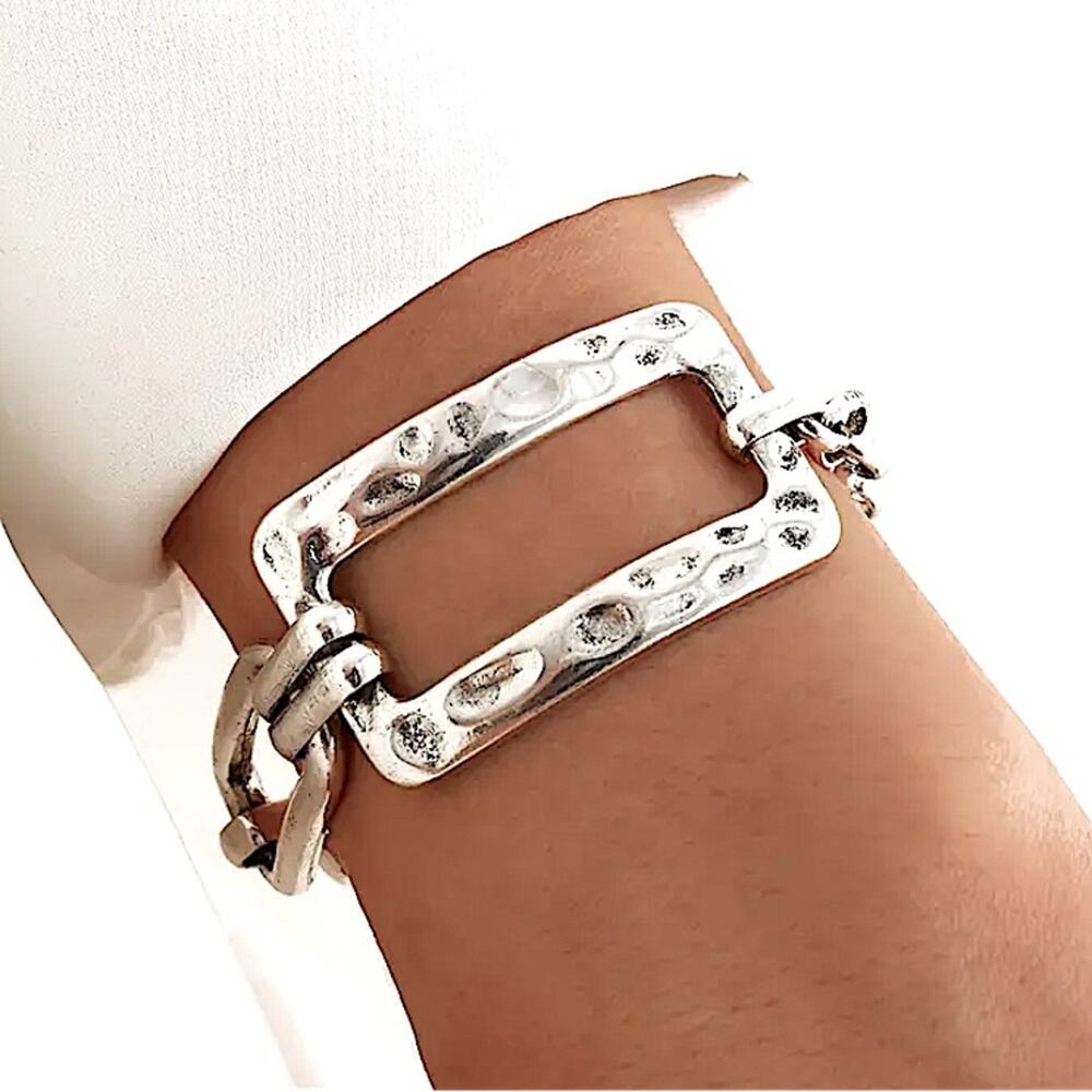 Stainless Steel Rectangular Bracelet Boho Hammered Chain Link